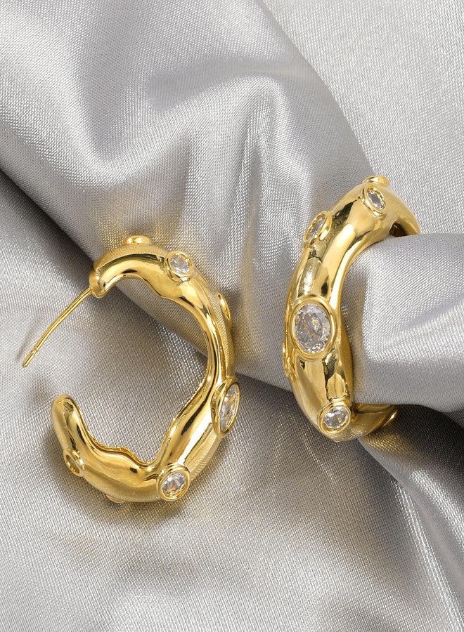MOONWALTZ Gold Hoop Earrings for Women 14K Gold Plated Irregular Cubic Zirconia Chunky Hoop Earrings Sparkly Round CZ Simple C Shaped Open Hoop Statement Earrings Trendy Post Earrings Jewelry Gift for Women - Image 3